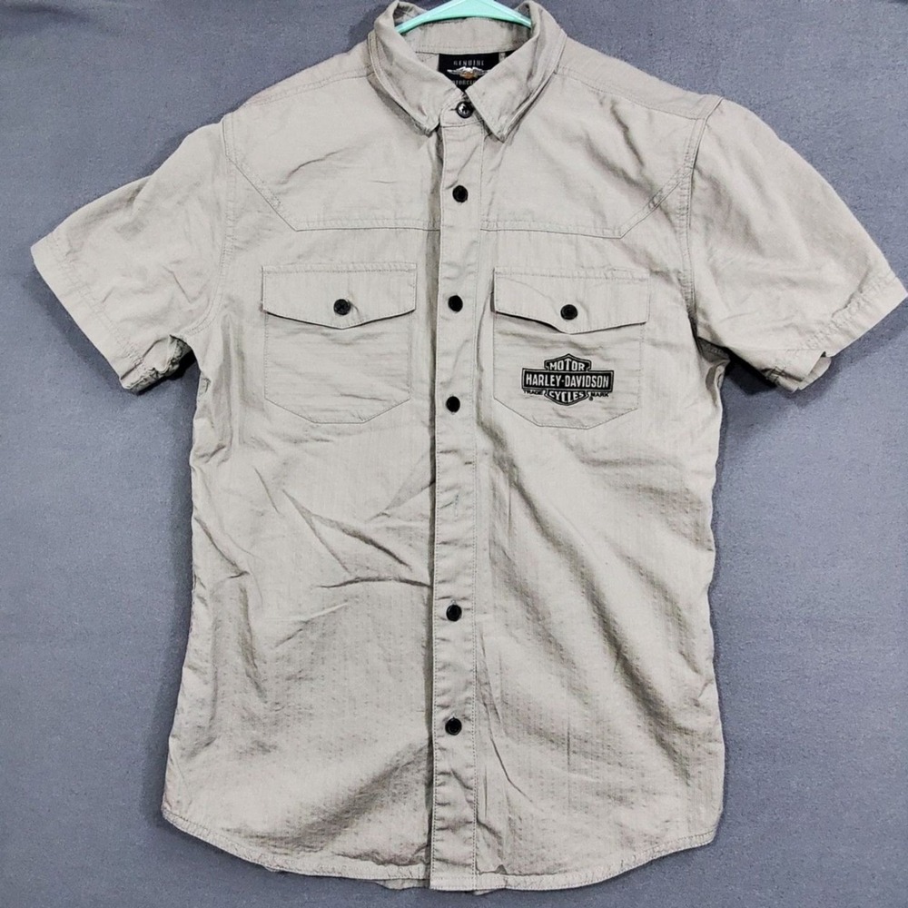 Harley Davidson Button Down Shirt Mens Small Gray Cotton Motorcycle Biker Casual